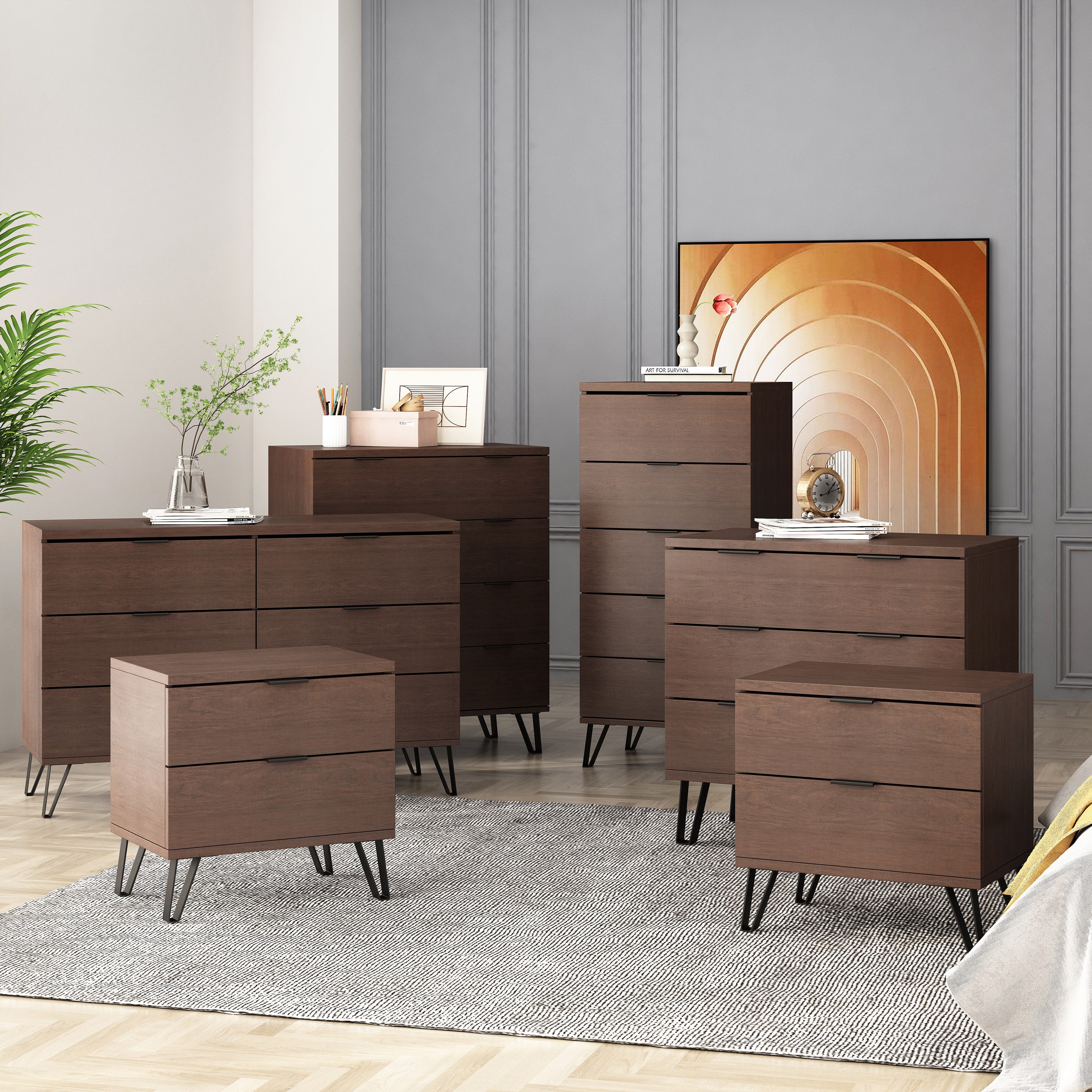 Demijen Modern Industrial 6 Piece Bedroom Set with 5 Drawer Dresser, Walnut and Matte Black