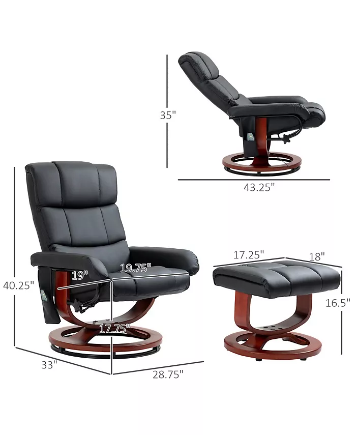 HOMCOM Recliner Chair with Ottoman Electric Faux Leather Recliner with 10 Vibration Points and 5 Massage Mode Reclining Chair with Swivel Wood Base Remote Control and Side Pocket Black