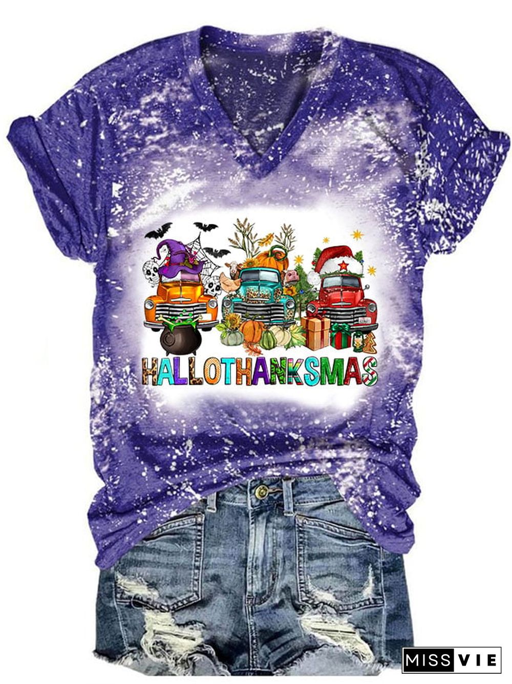 Women's Hallothanksmas Trucks Print V-Neck T-Shirt