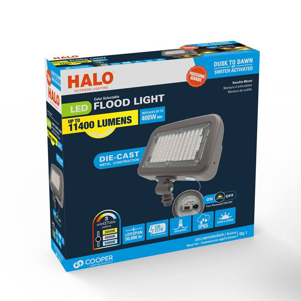 HALO Outdoor Integrated LED Large Floodlight Bronze Finish Selectable CCT 300040005000K 10000 Max lumens Dusk to Dawn GFLL100FSUNVDBZK