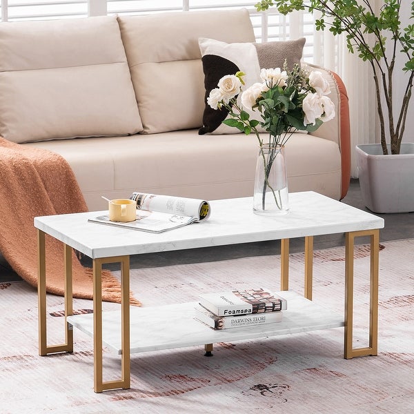 Simple Double-layer Iron Pipe Marble Rectangular Coffee Table