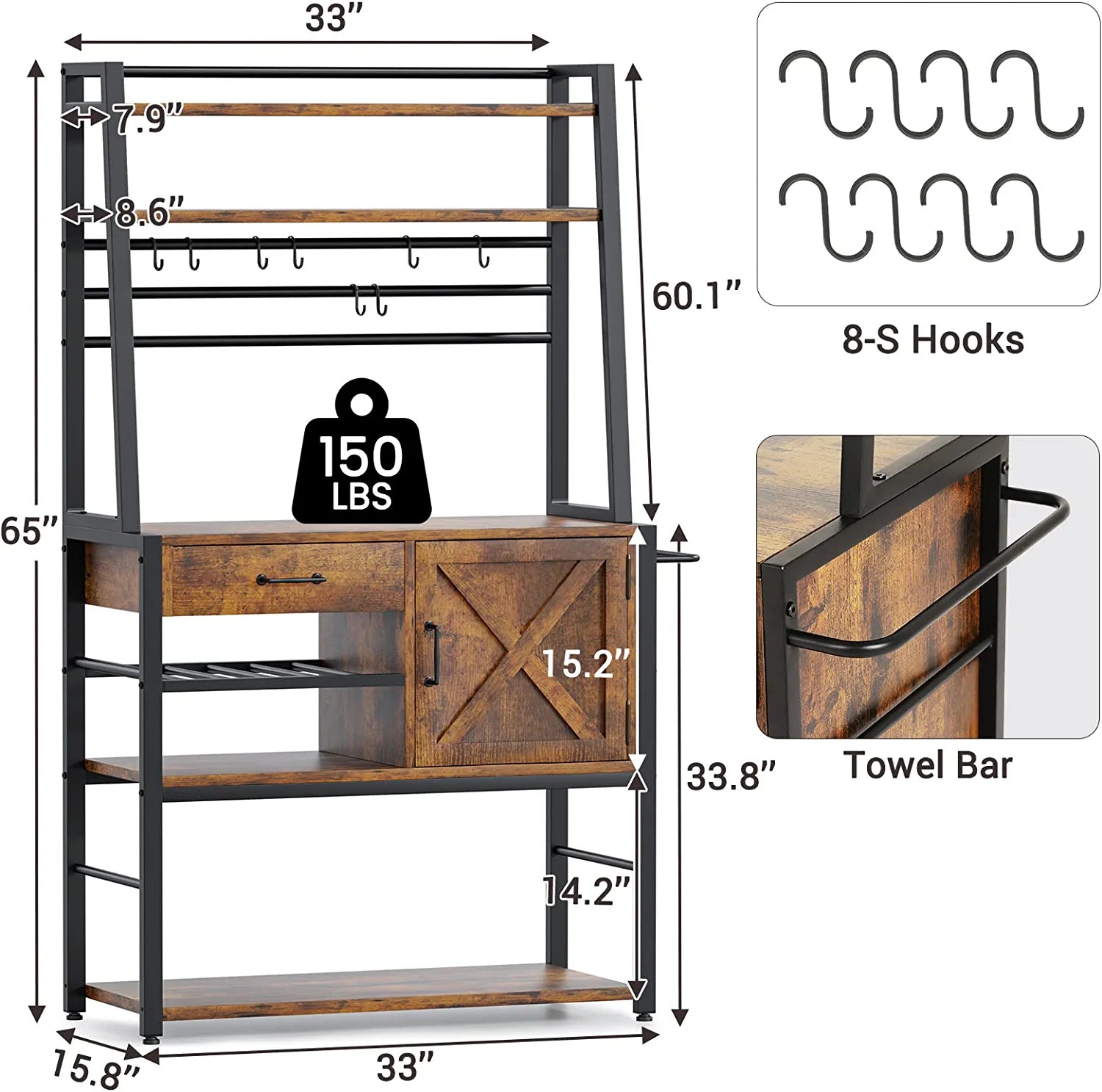 Baker's Rack， Coffee Bar Cabinet with Wine Rack， Storage Drawer and 8 Hooks for Kitchens， Rustic Brown