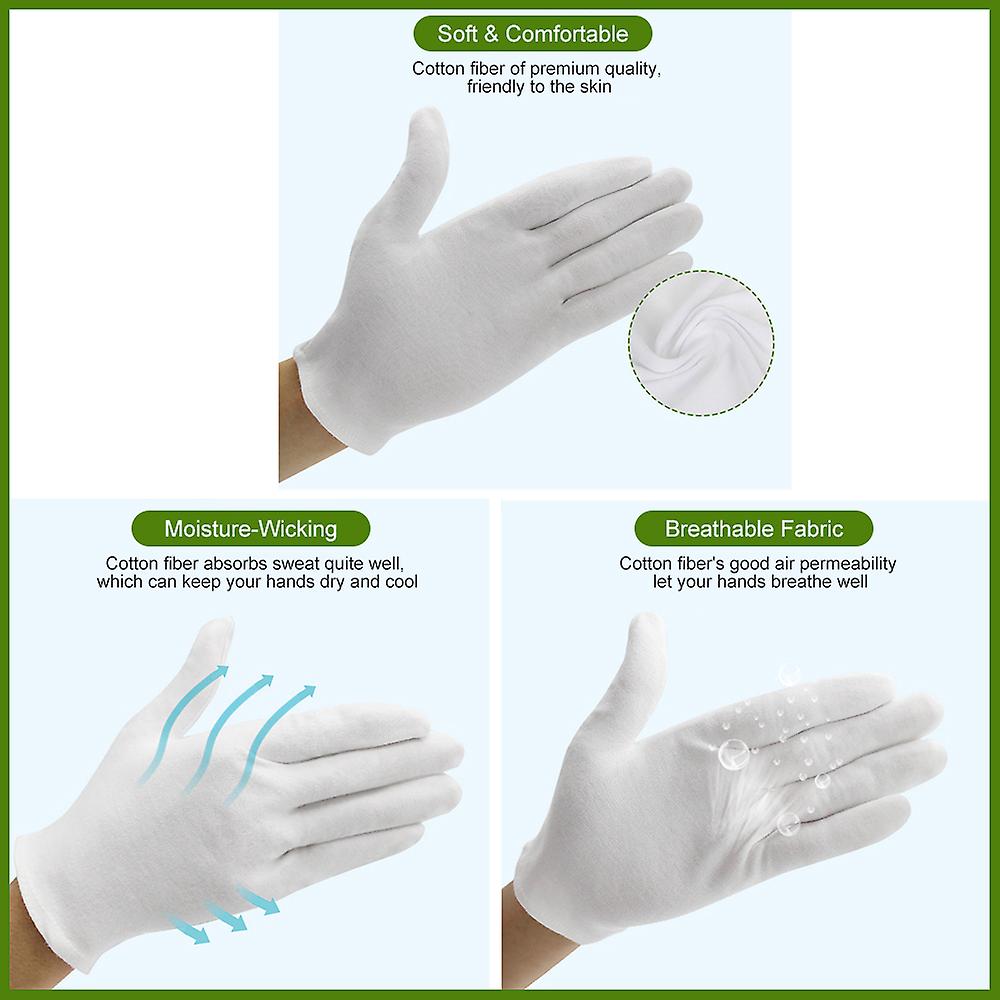 12 Pairs Cotton Gloves Breathable Soft Skin-friendly Work Cosmetic Moisturizing Jewelry Inspection Gloves White Cotton Medium