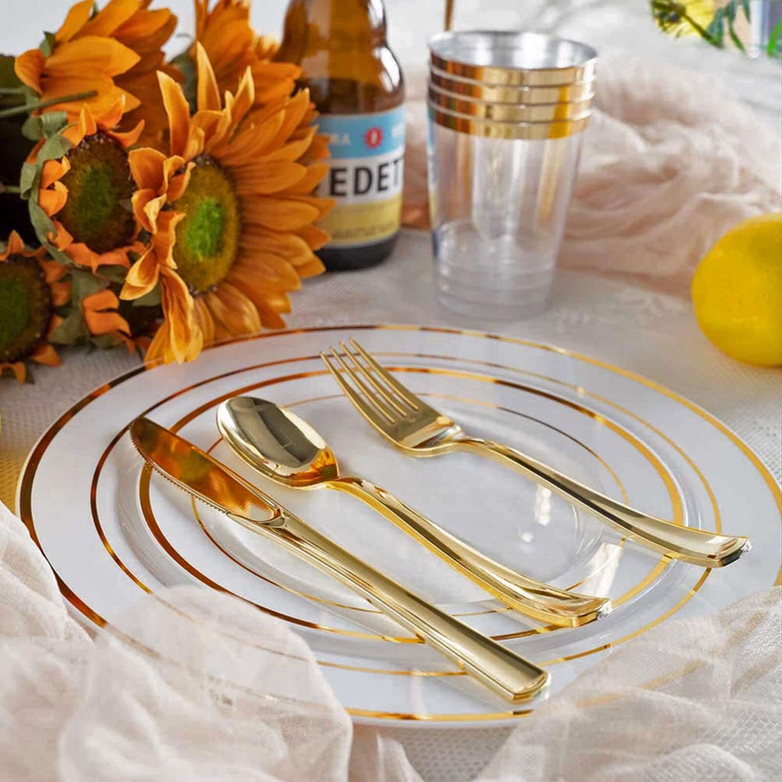 24 Pack Metallic Gold Classic Heavy Duty Plastic Utensil Set, Disposable Silverware 7