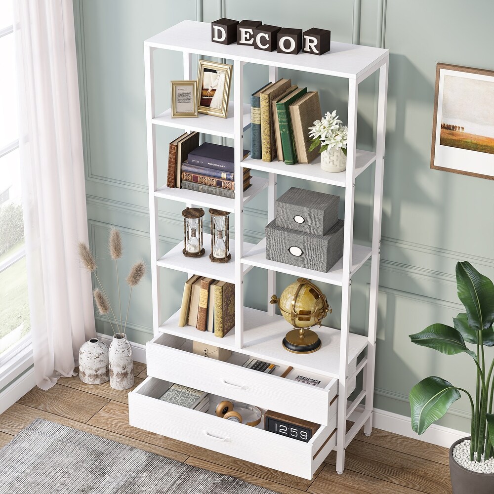 Tall Bookcase with Drawers  Industrial Bookshelves with Storage   31.49'' W x 11.81'' D x 66.92'' H