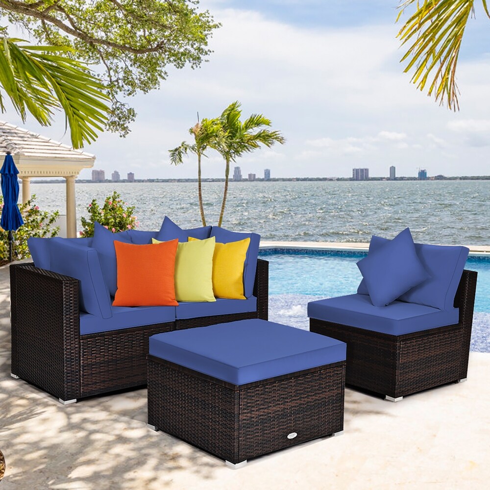 Costway 4PCS Patio Rattan Wicker Furniture Set Cushioned Sofa Ottoman