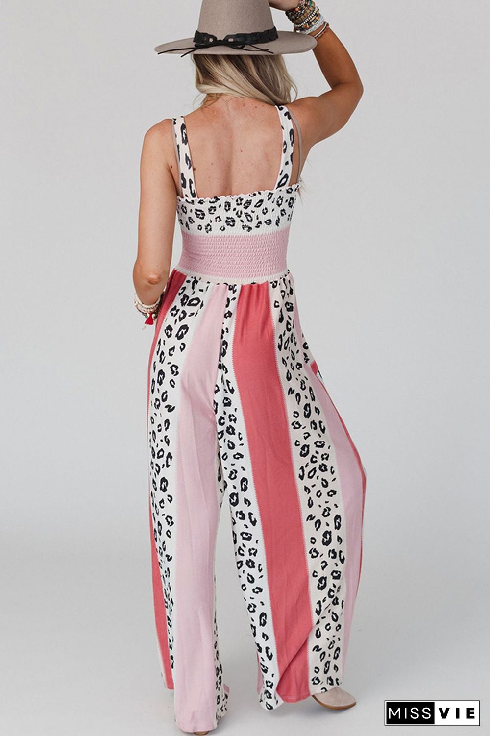 Color Block Leopard Smocked Cami Wide Leg Jumpsuit