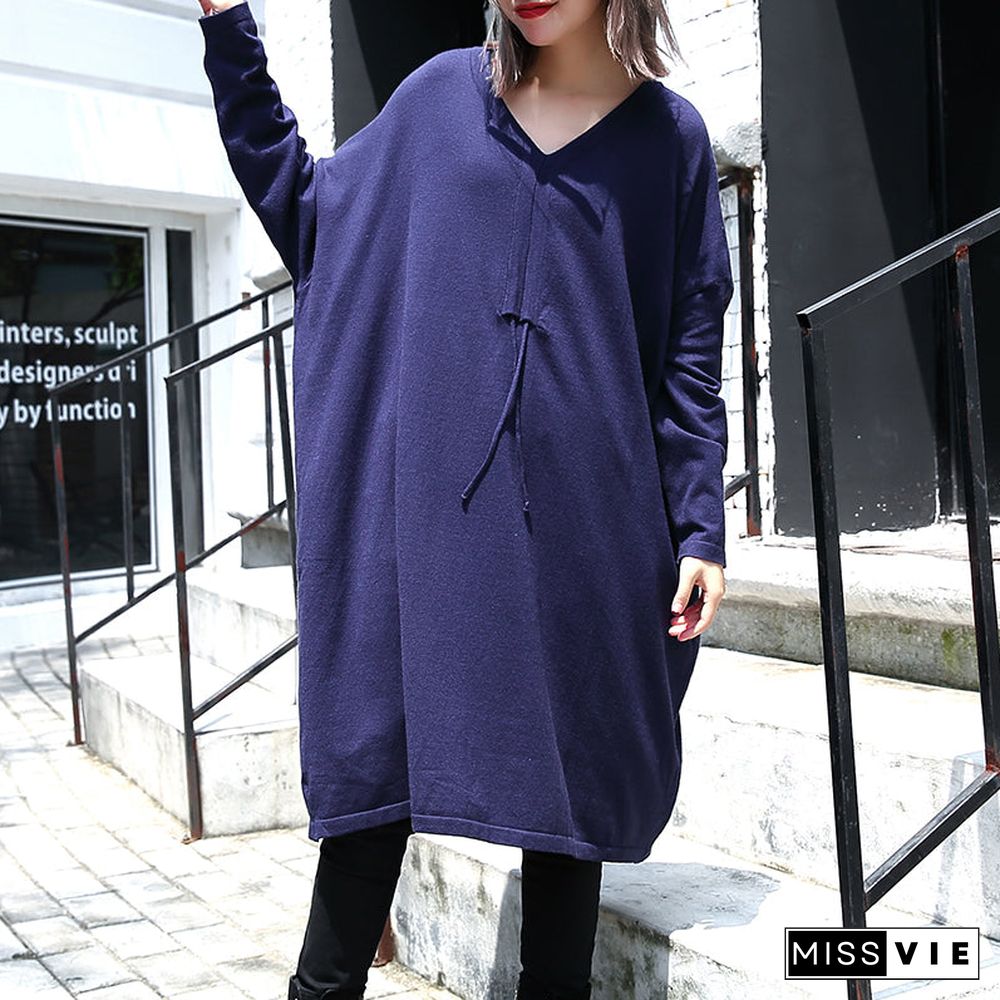 women blue plus size casual baggy dresses V neck drawstring cotton blended dress