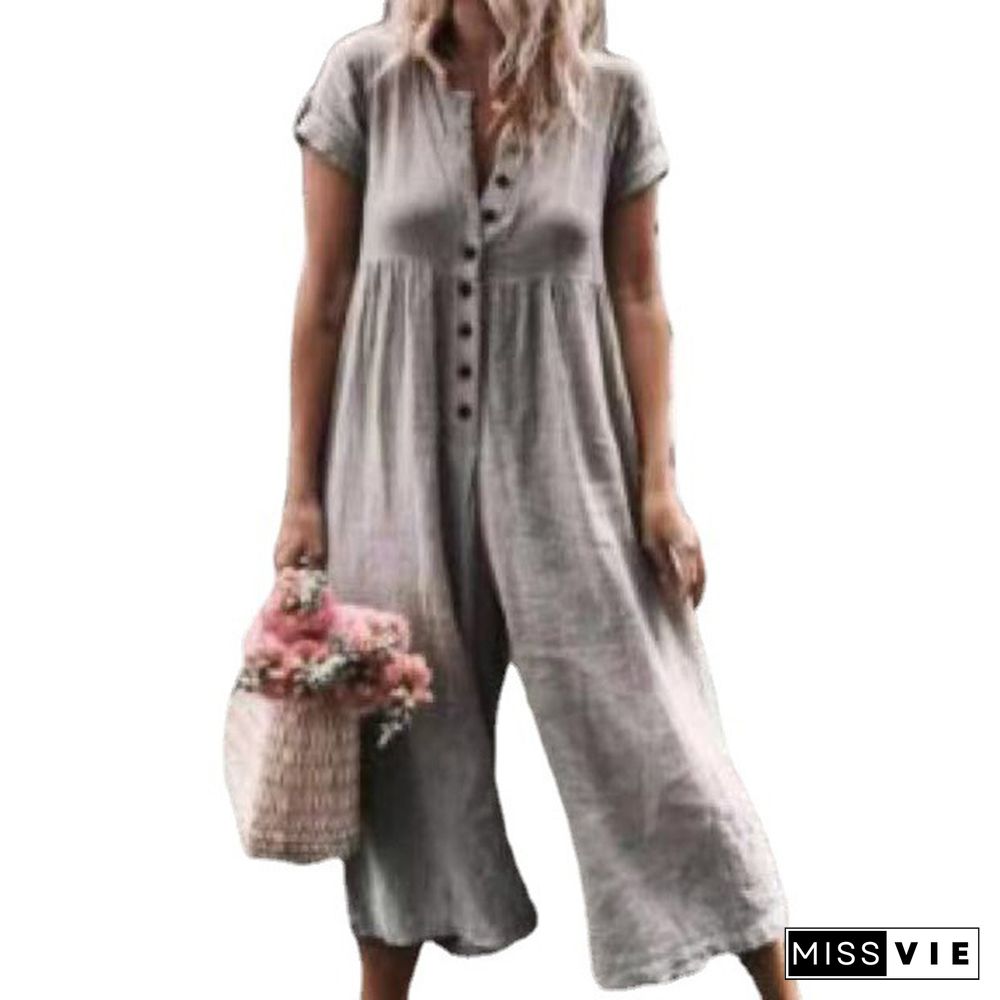 Women V Neck Short Sleeve Button Down Wide Leg Jumpsuits Rompers