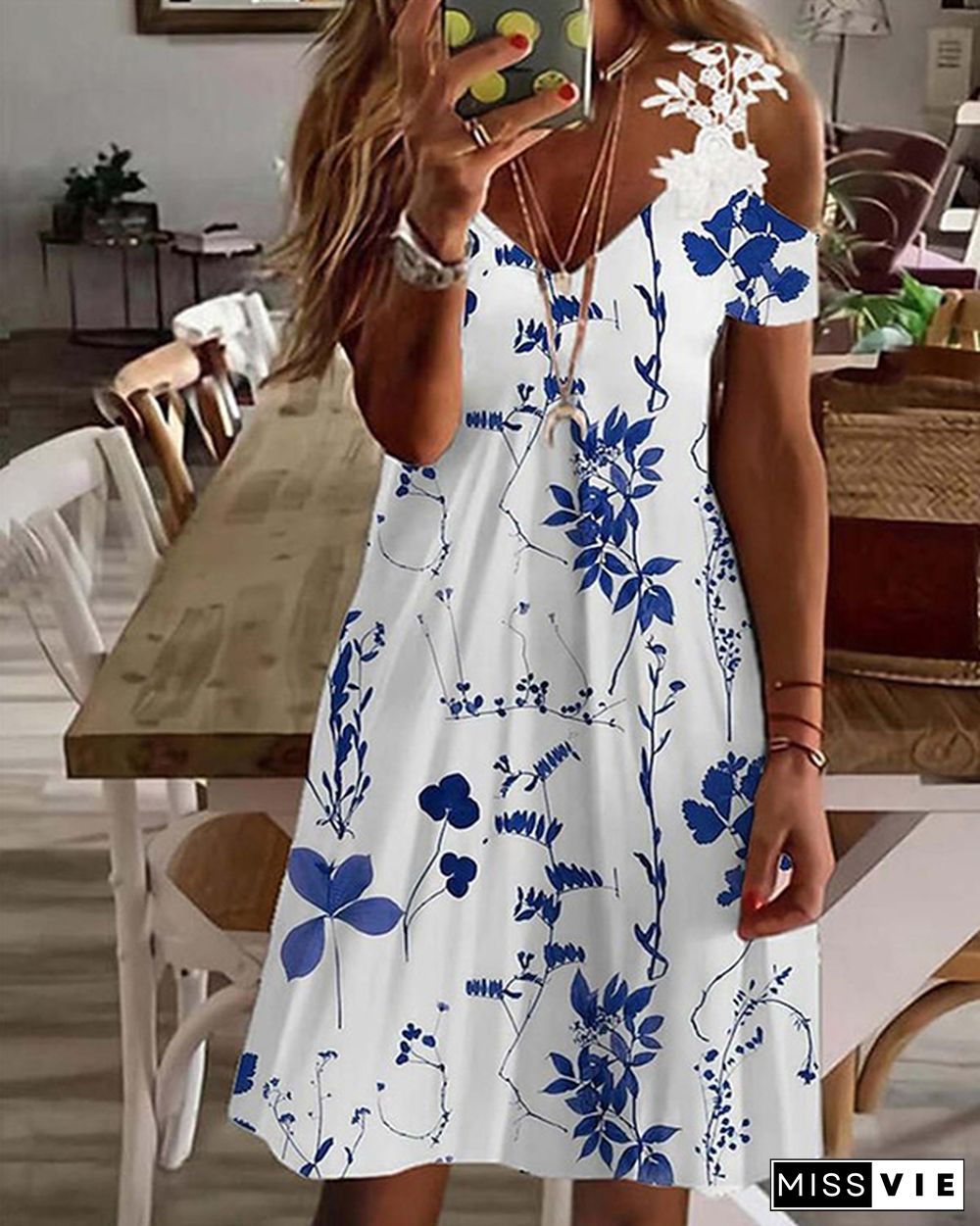 Lace Panel Off Shoulder Floral Short Sleeve Dress