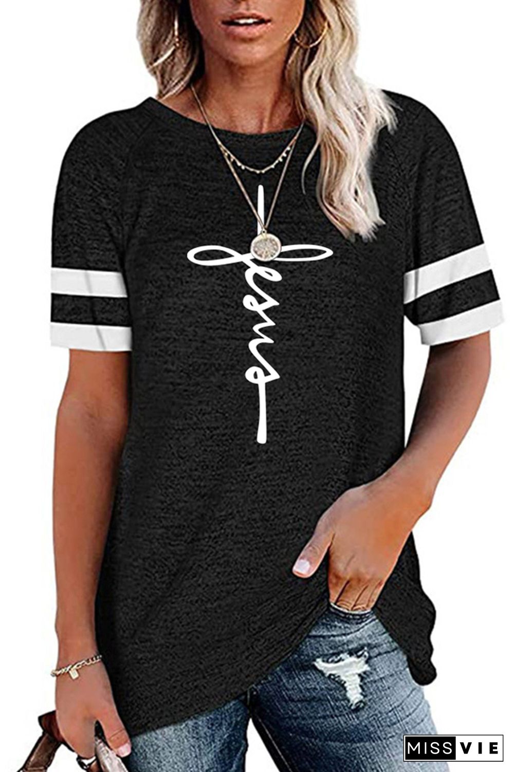 Cross Print Graphic Tees for Women Wholesale Short Sleeve T shirts Top