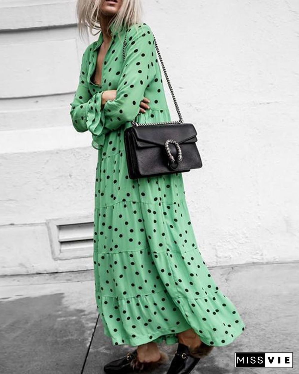 Polka-dot Long Sleeves Maxi Dress