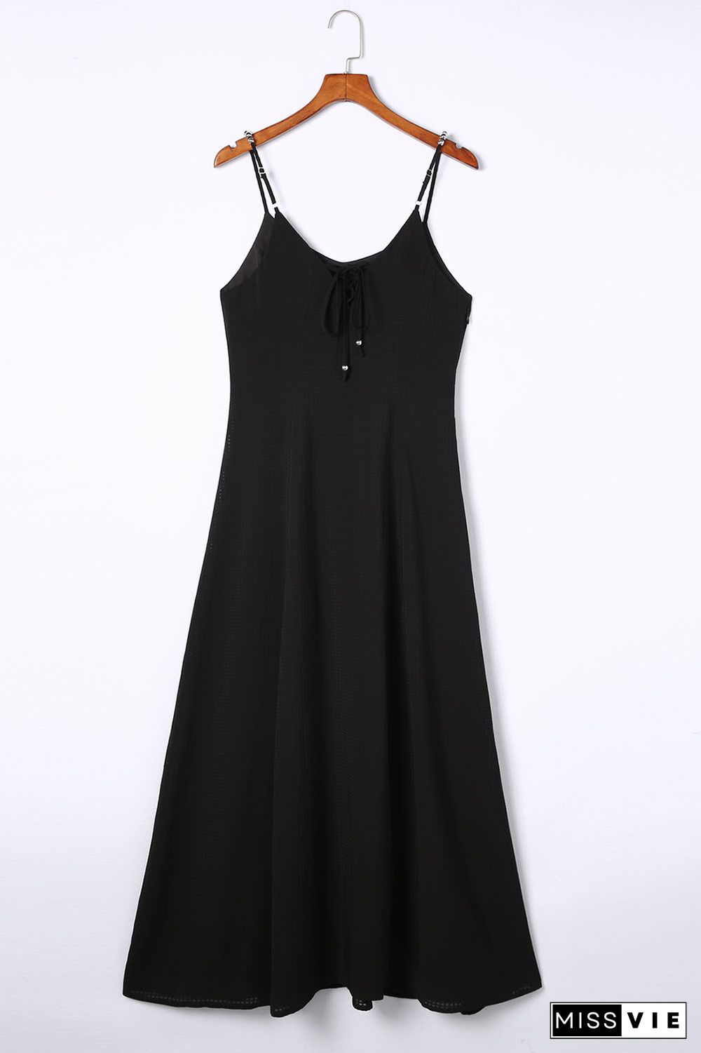 Black Spaghetti Straps Ribbed Lace up Back Maxi Dress