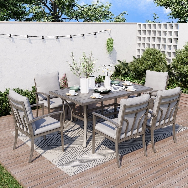 7Piece Aluminum Patio Dining Set with Table and Washable Light Gray Cushions