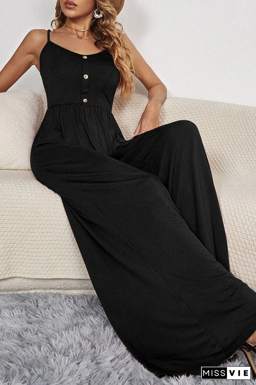 Plain Wide Leg Button Jumpsuit Wholesale