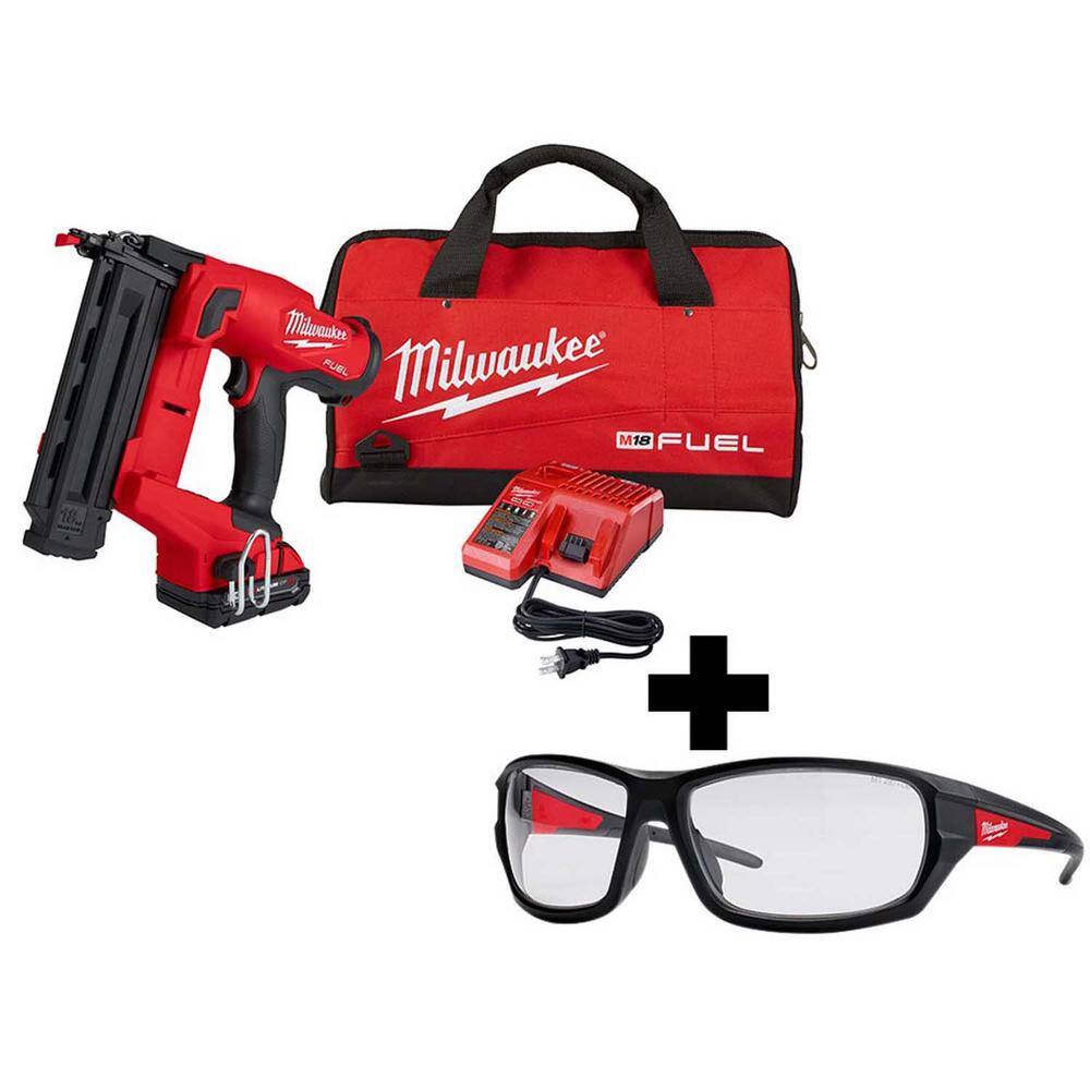 MW M18 FUEL 18-Volt 18-Gauge Lithium-Ion Brushless Cordless Gen II Brad Nailer Kit and Clear Performance Safety Glasses 2746-21CT-48-73-2020