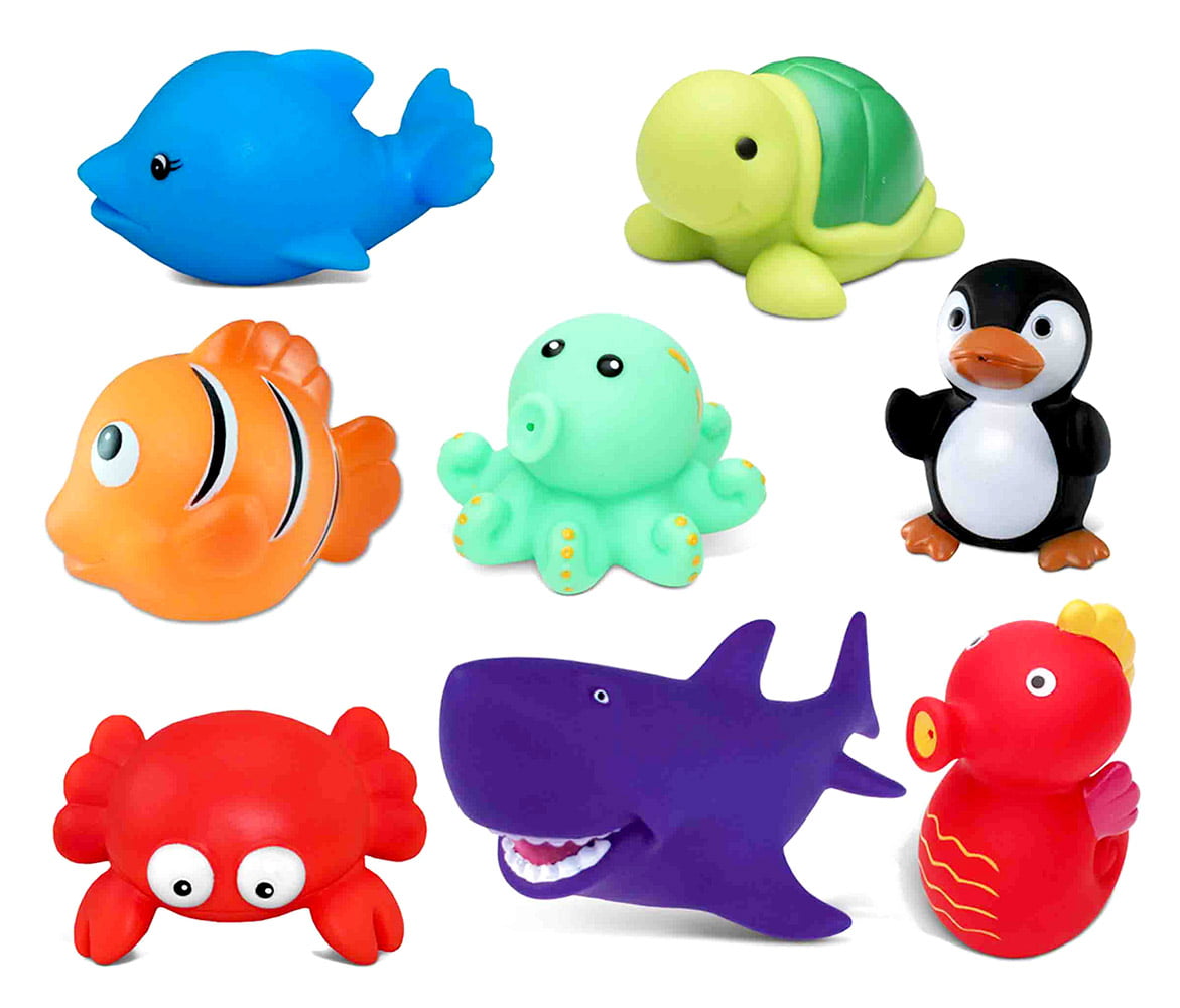 Dollibu Bath Buddies Ocean Critters Rubber Squirter Toys - Crab， Dolphin， Fish， Turtle， Shark， Octopus， Sea Horse， Penguin - 3 inch - For Baths， Pool， Outdoor - Baby Bathtime Learning (8pc Set)