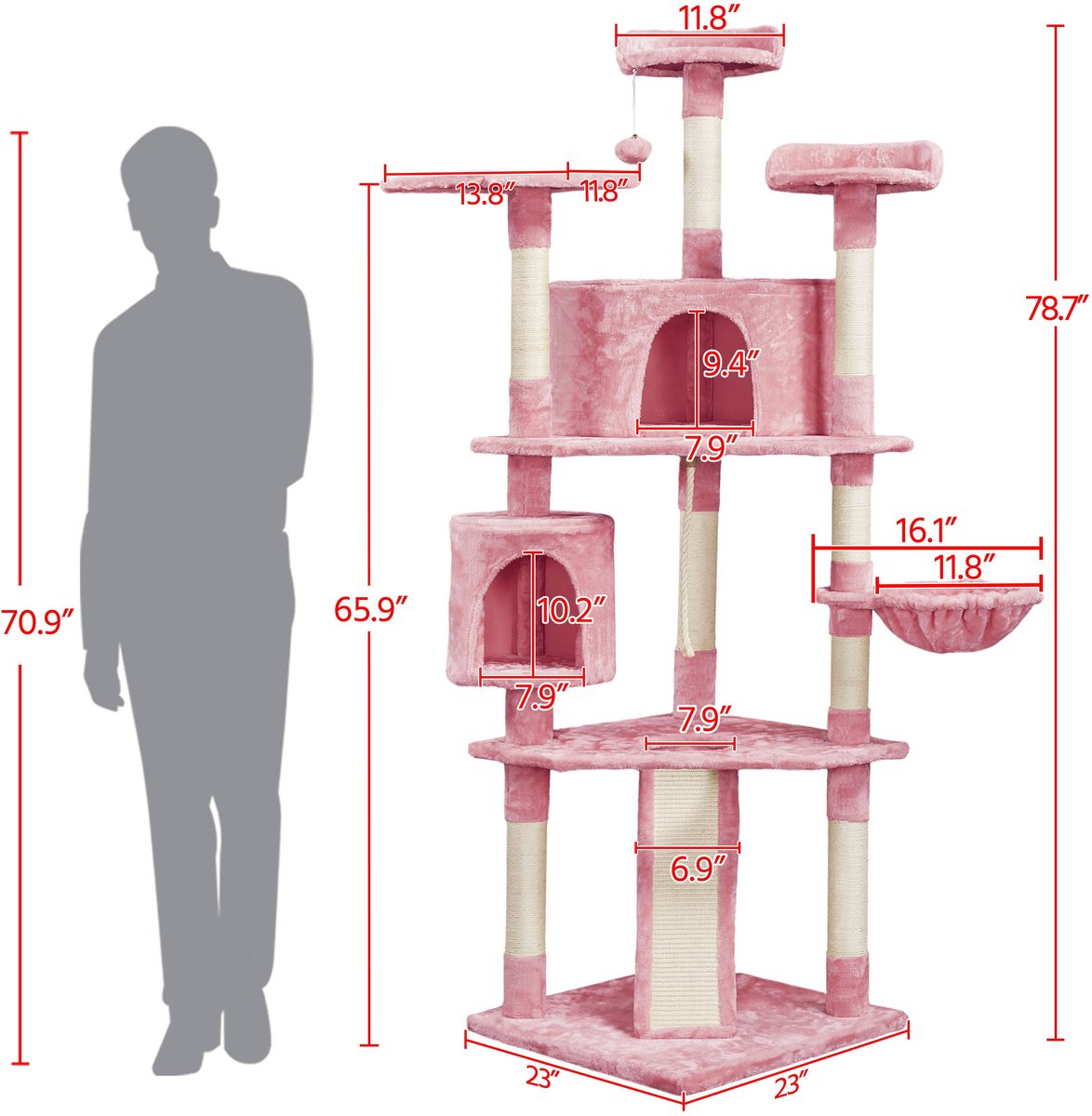 Yaheetech 79-in Plush Cat Tree and Condo， Pink， Large