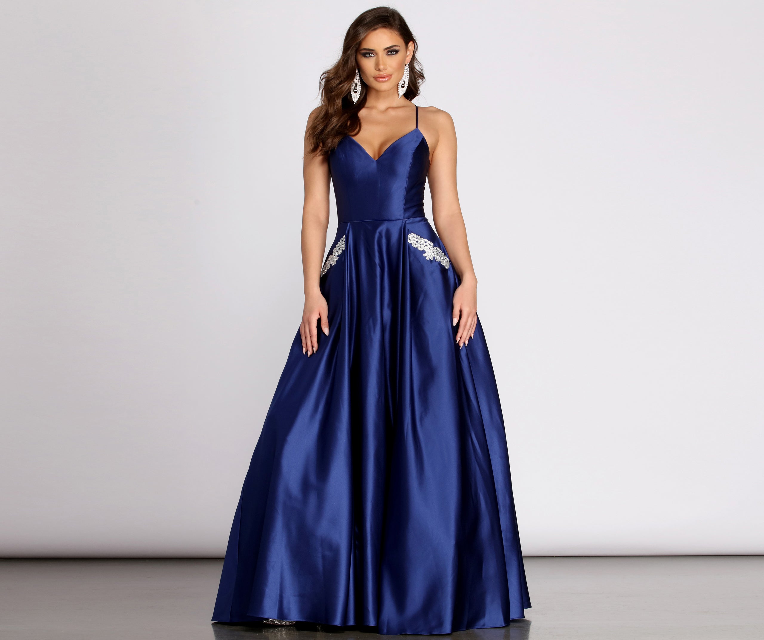 Rochella Satin Rhinestone Trim Ball Gown