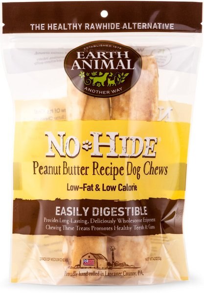 Earth Animal No-Hide Long Lasting Natural Rawhide Alternative Peanut Butter Recipe Medium Chew Dog Treats， 2 count