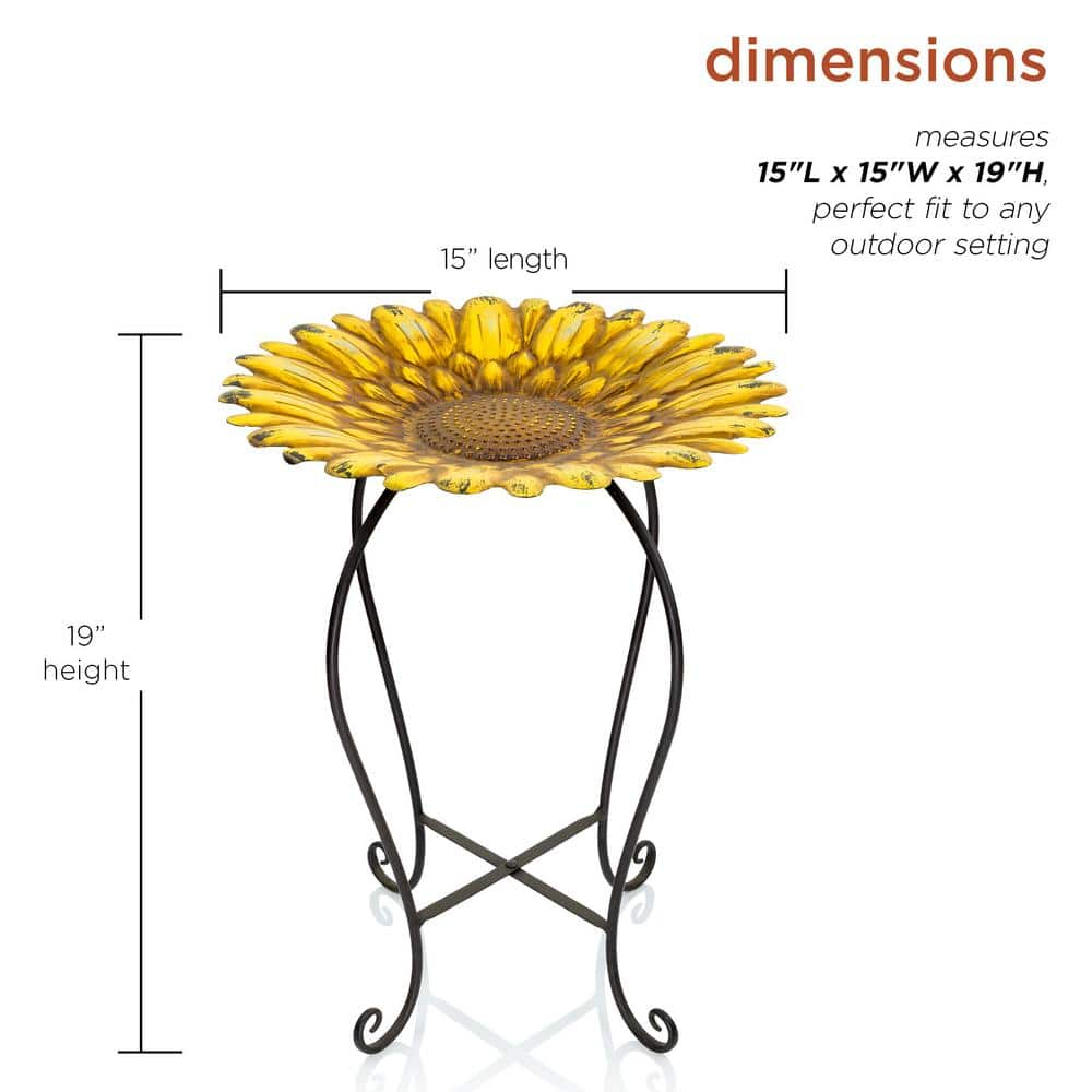 Alpine Corporation 19 in. Tall Embossed Metal Sunflower Birdbath Decoration Yard Statue MAZ470