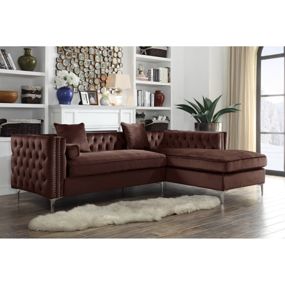 L Shaped Sofa  Button Tufted Velvet Seat With Nailhead Trim   Midcentury   Sectional Sofas   by Decorn  Houzz