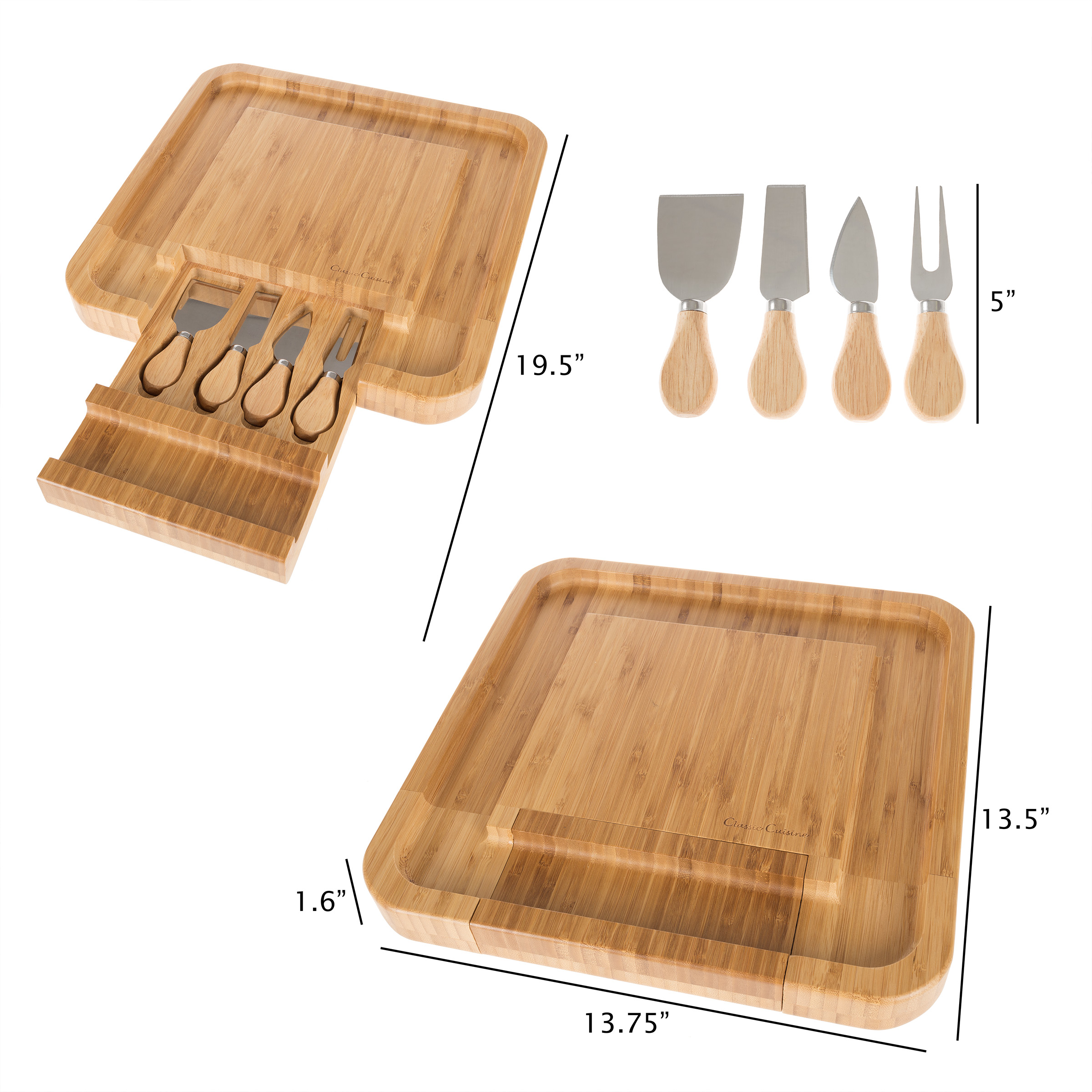 Classic Cuisine Bamboo Cheese Serving Tray with 4-Piece Cutlery Set (Tan)