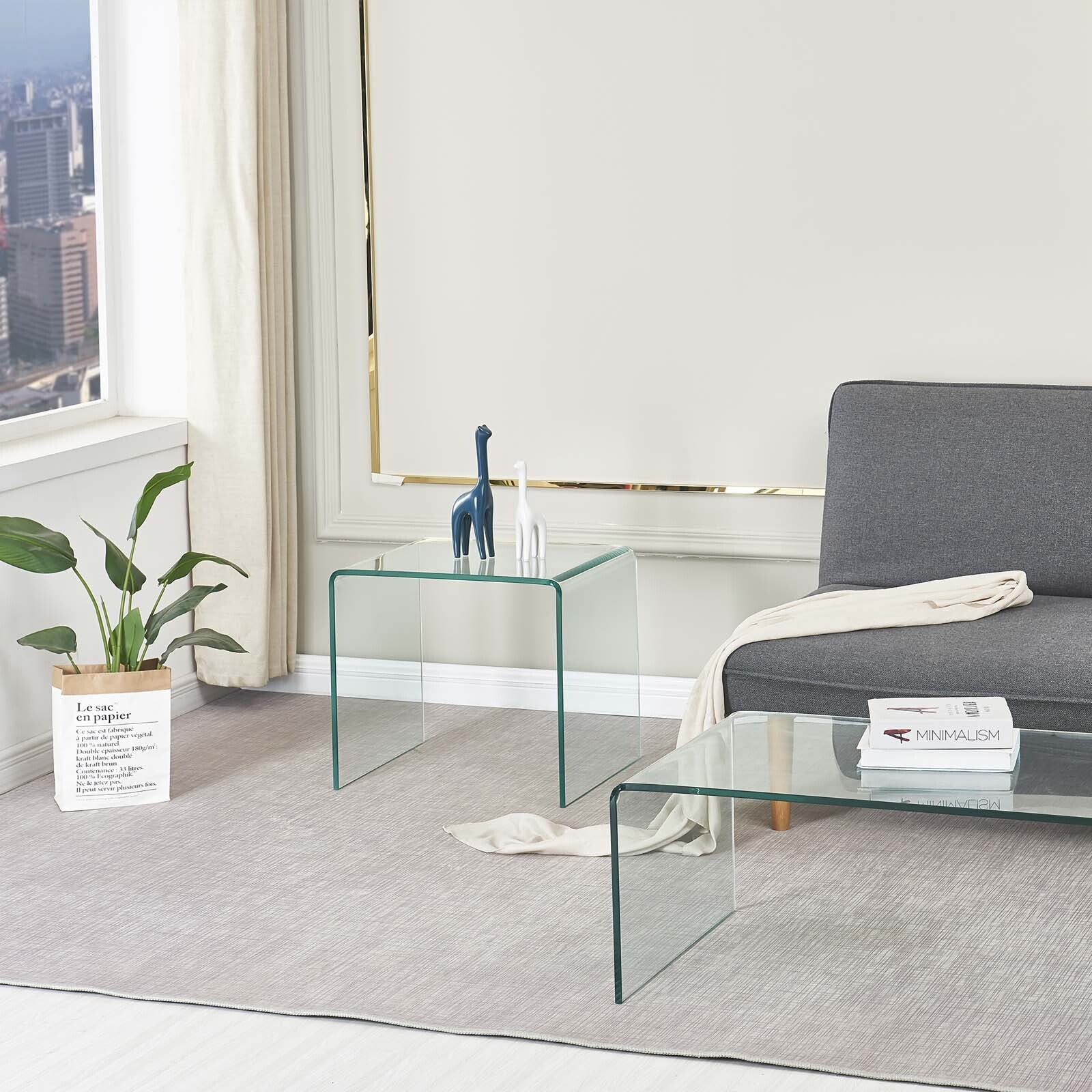 WEIKABU Modern Clear Glass End Side Table U-Shaped Tempered Glass Coffee Table for Living Room Bedroom