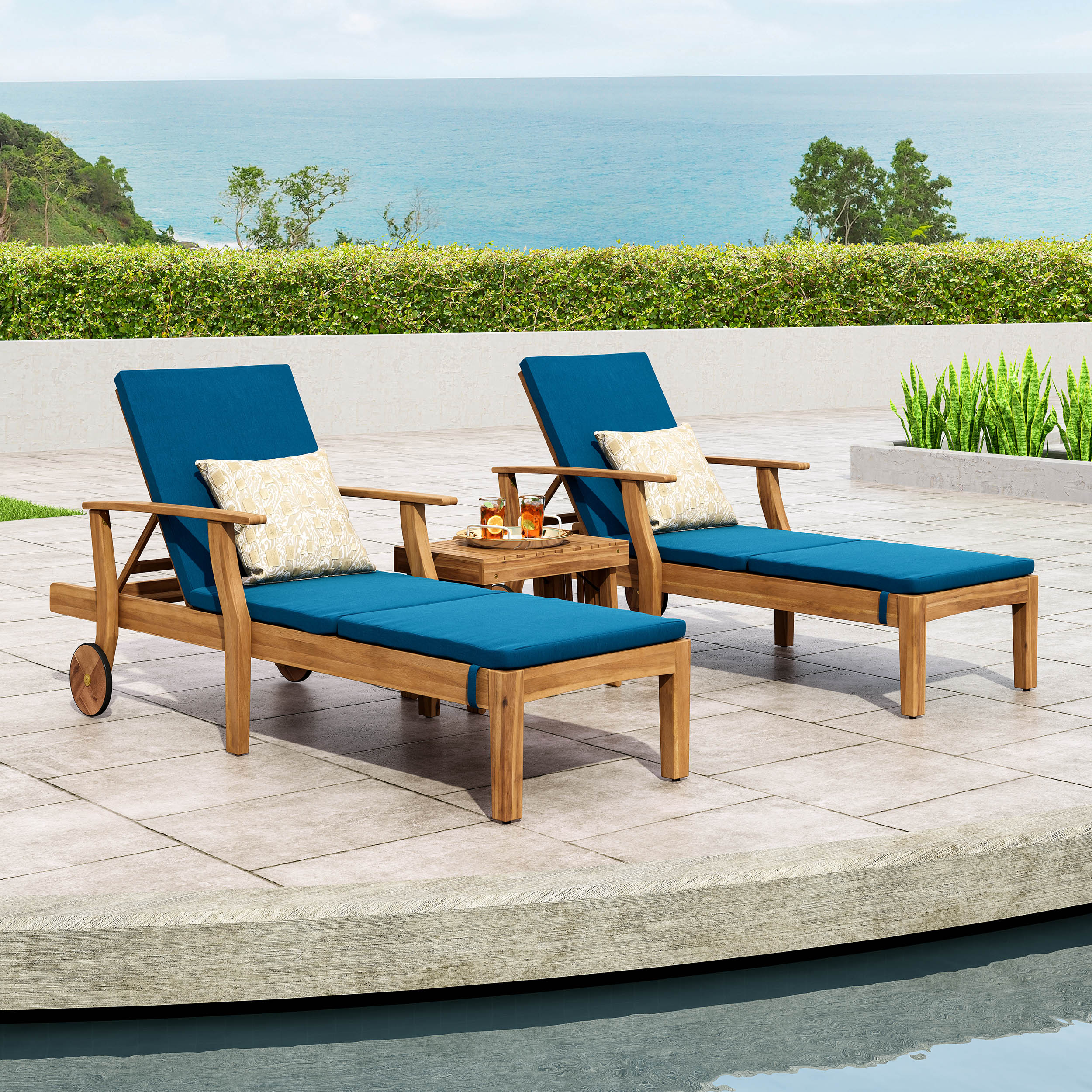 Capri Outdoor Acacia Wood 3 Piece Chaise Lounge Set with Water-Resistant Cushions