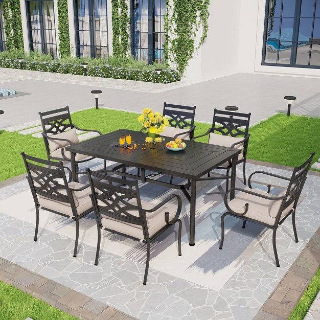 7pc Outdoor Dining Set With 6 Chairs With Seat amp Back Cushions amp Metal Rectangle Table With Umbrella Hole Captiva Designs