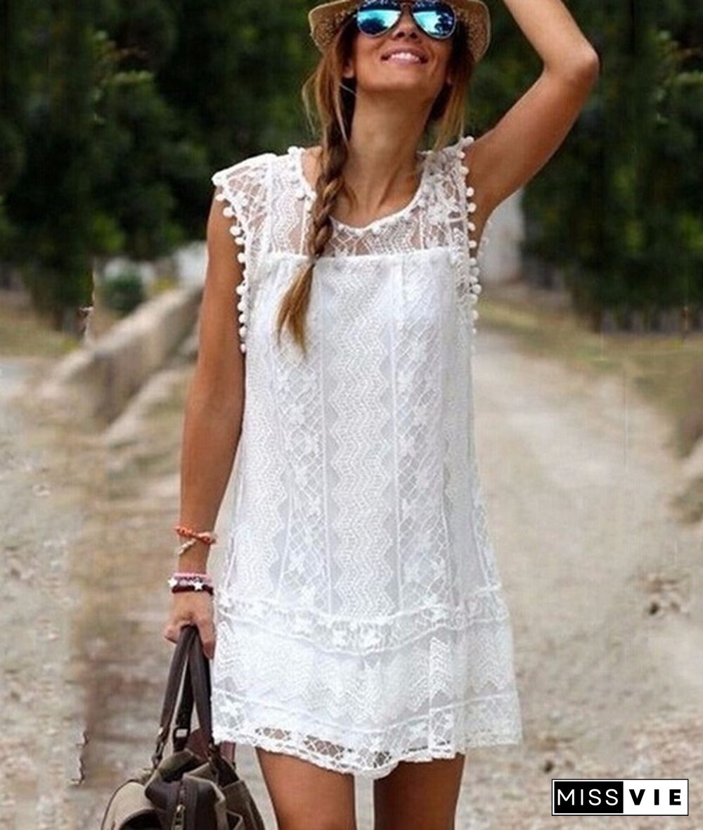 Fashion Summer Dress Sexy Women Casual Sleeveless Beach Short Dress Tassel Solid White Mini Lace Dress Plus Size