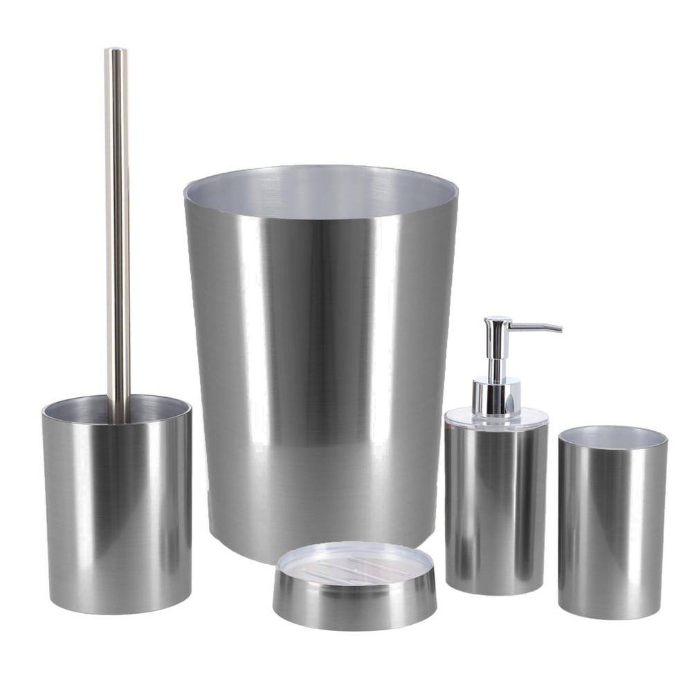 5-Pieces Bath Accessory Set with Soap Pump Tumbler Soap Dish Waste Basket and Toilet Brush Holder in Brushed Aluminum SET5NOUMEA6176