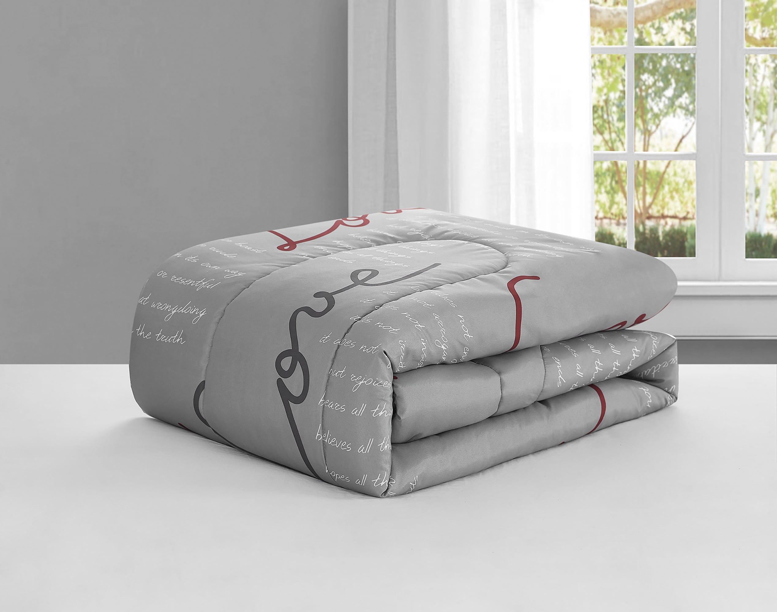 Beco Love Never Fails Grey and Red 3 Piece Comforter Set Full/Queen