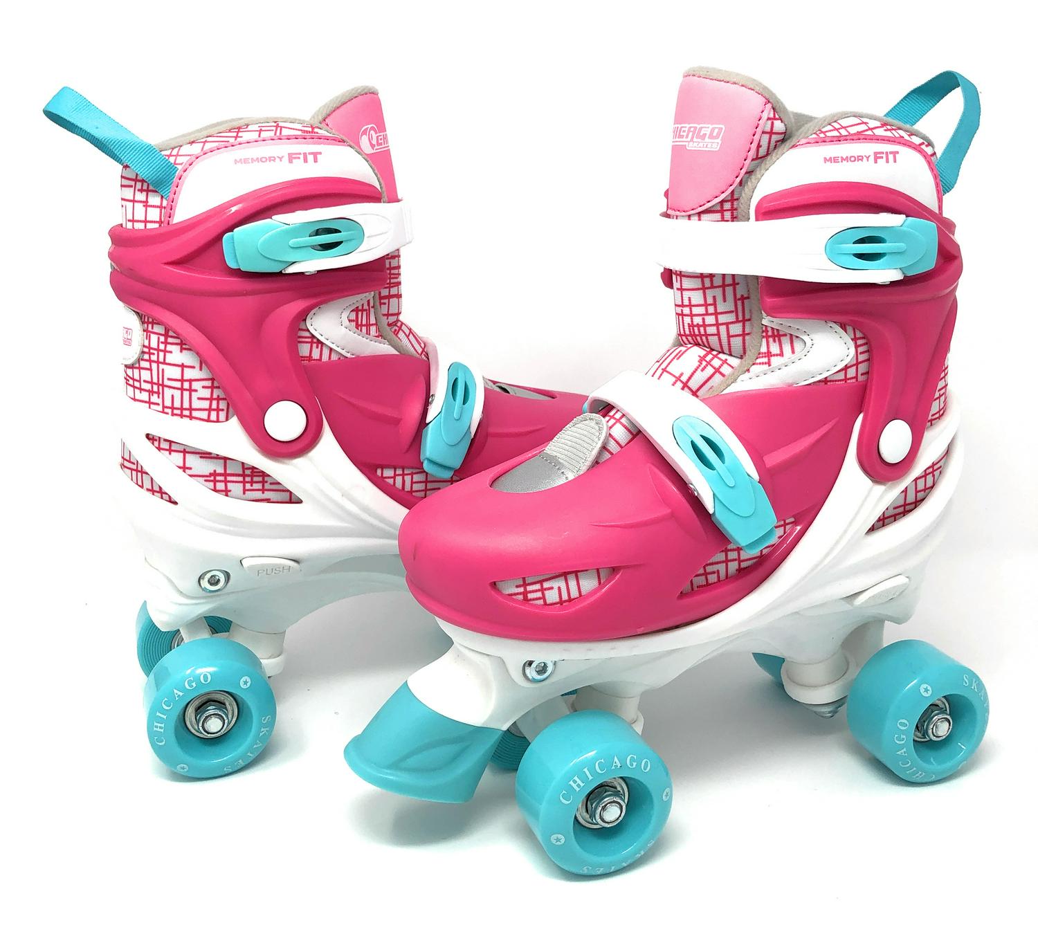 Chicago Skates Adjustable Quad Roller Skate Combo Set Pink/White/Teal a Skates， Helmet， Knee Pads， And Wrist Guards  Size Medium(1-4)