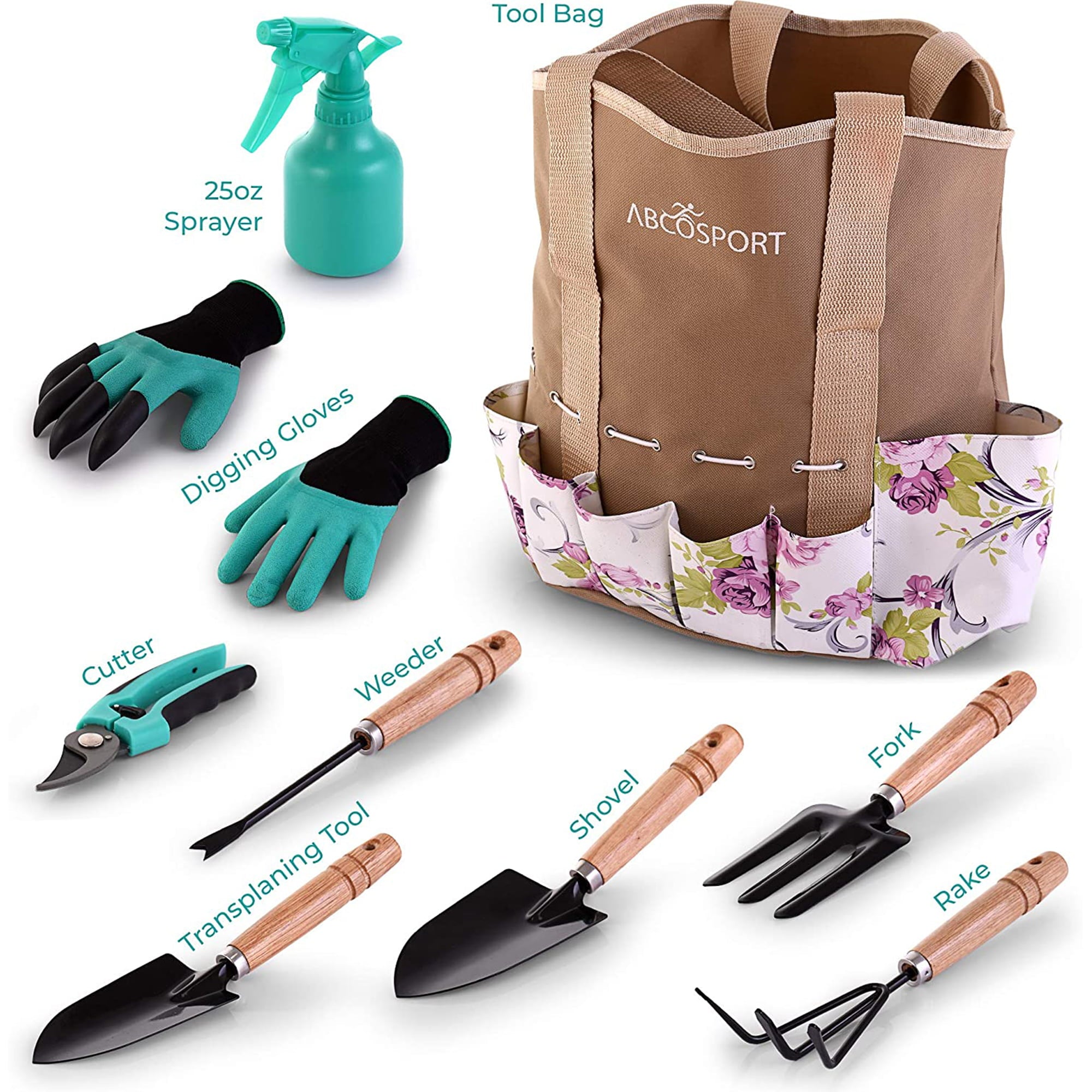 Garden Tools Set - 9 Piece Gardening Kit - Easy to Carry Tote Bag - Pretty Floral Design - Ergonomic Wooden Handle & Heavy Duty, Machine Washable