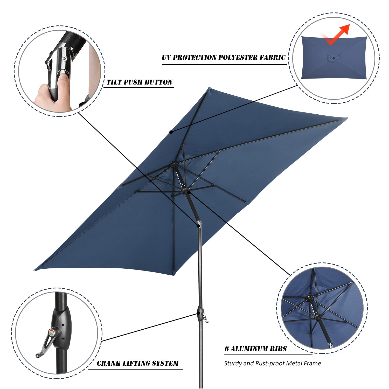 Wesfital 10' Rectangular Patio Lawn Market Umbrella Outdoor Table Umbrellas Market Center Umbrellas with Push Button Tilt for Garden, Lawn & Pool,Navy Blue