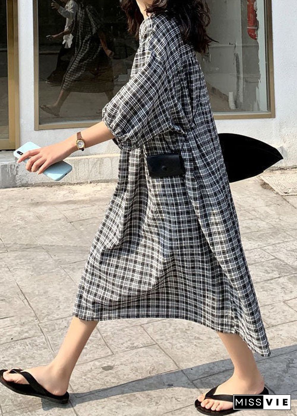 Beautiful Black Cinched Plaid Cotton Maxi Dresses Half Sleeve