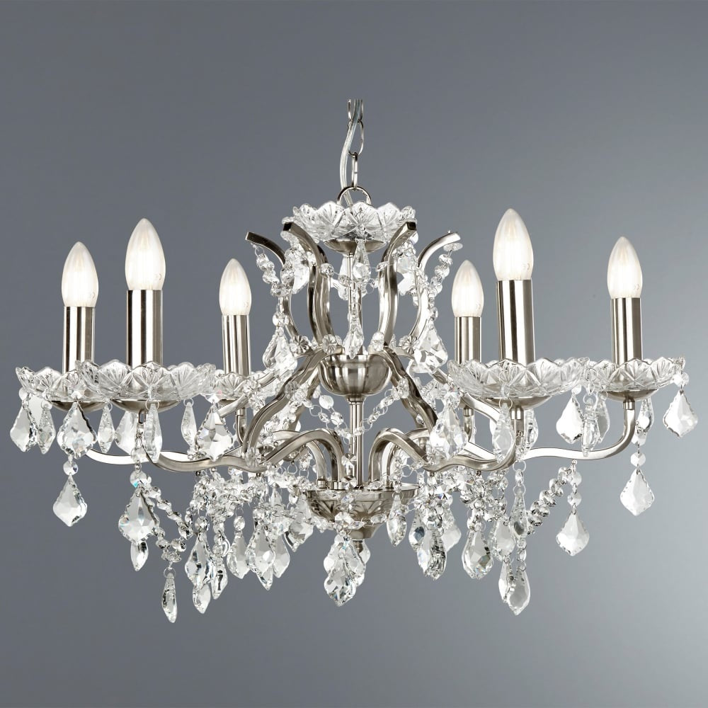 Searchlight 8736-6SS Satin Silver & Crystal Diamond Drops Decorative 6 Lamp Chandelier Pendant 70cm