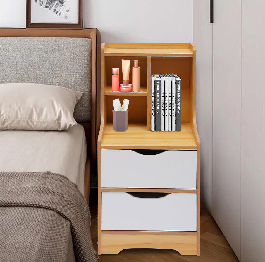 OUKANING Bedroom Nightstand Side Table Wooden End Table with 2 Drawers + Storage Shelf Wood Color