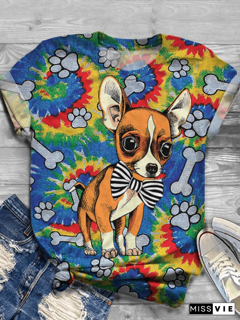 Dog Tie Dye Dog Paw Crew Neck T-shirt