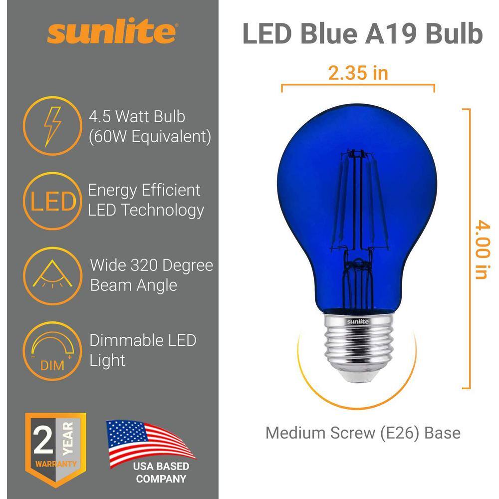 Sunlite 60-Watt Equivalent A19 Dimmable Filament E26 Medium Base LED Blue Light Bulbs (6-Pack) HD02264-3