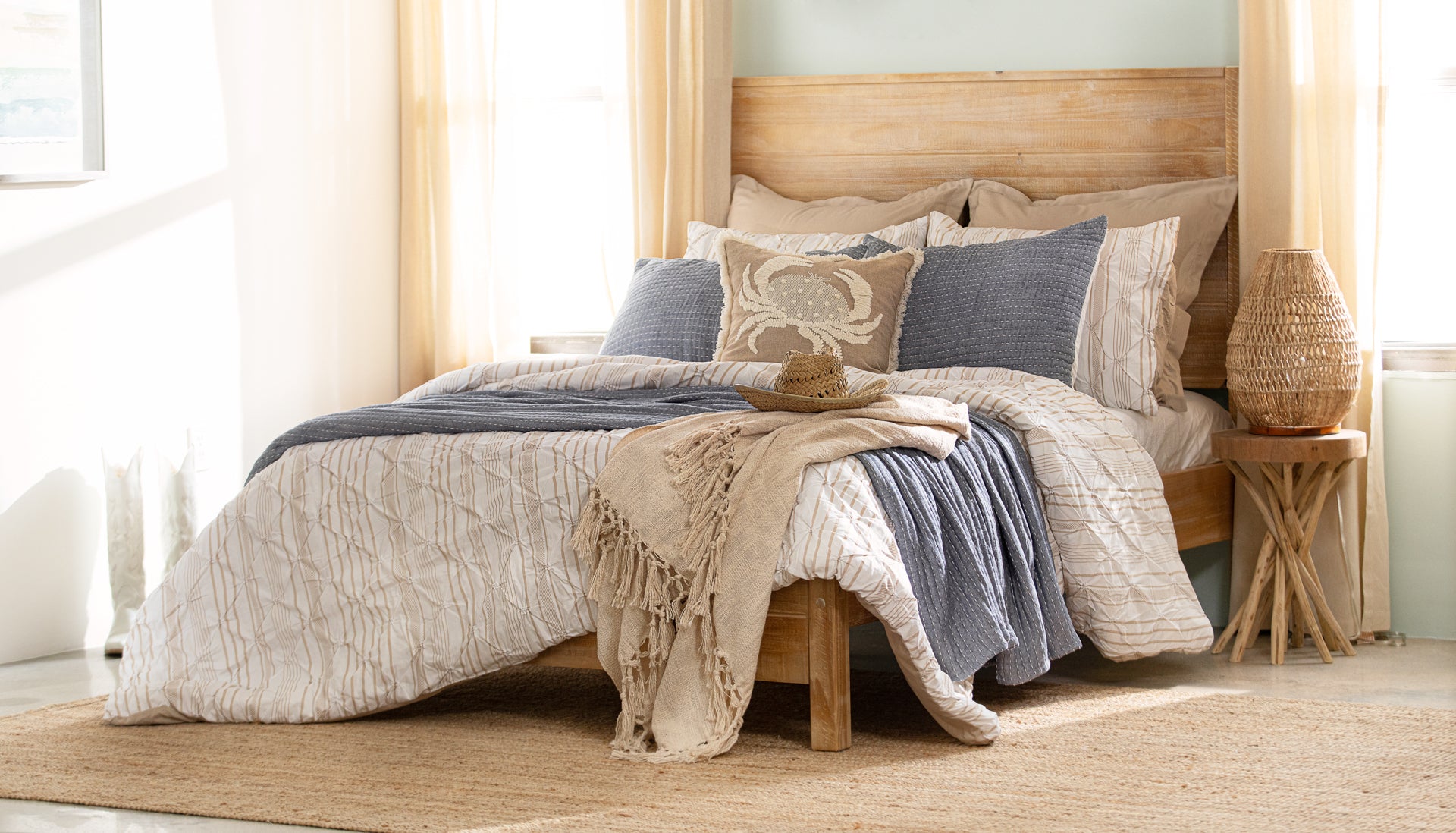 Bedding Bundle: Ravello Pintuck Stripe Comforter + Solid Kantha Pick Stitch Quilt/Coverlet