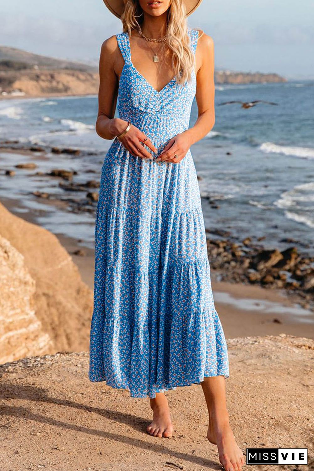 Sky Blue Floral Tie Back Long Dress