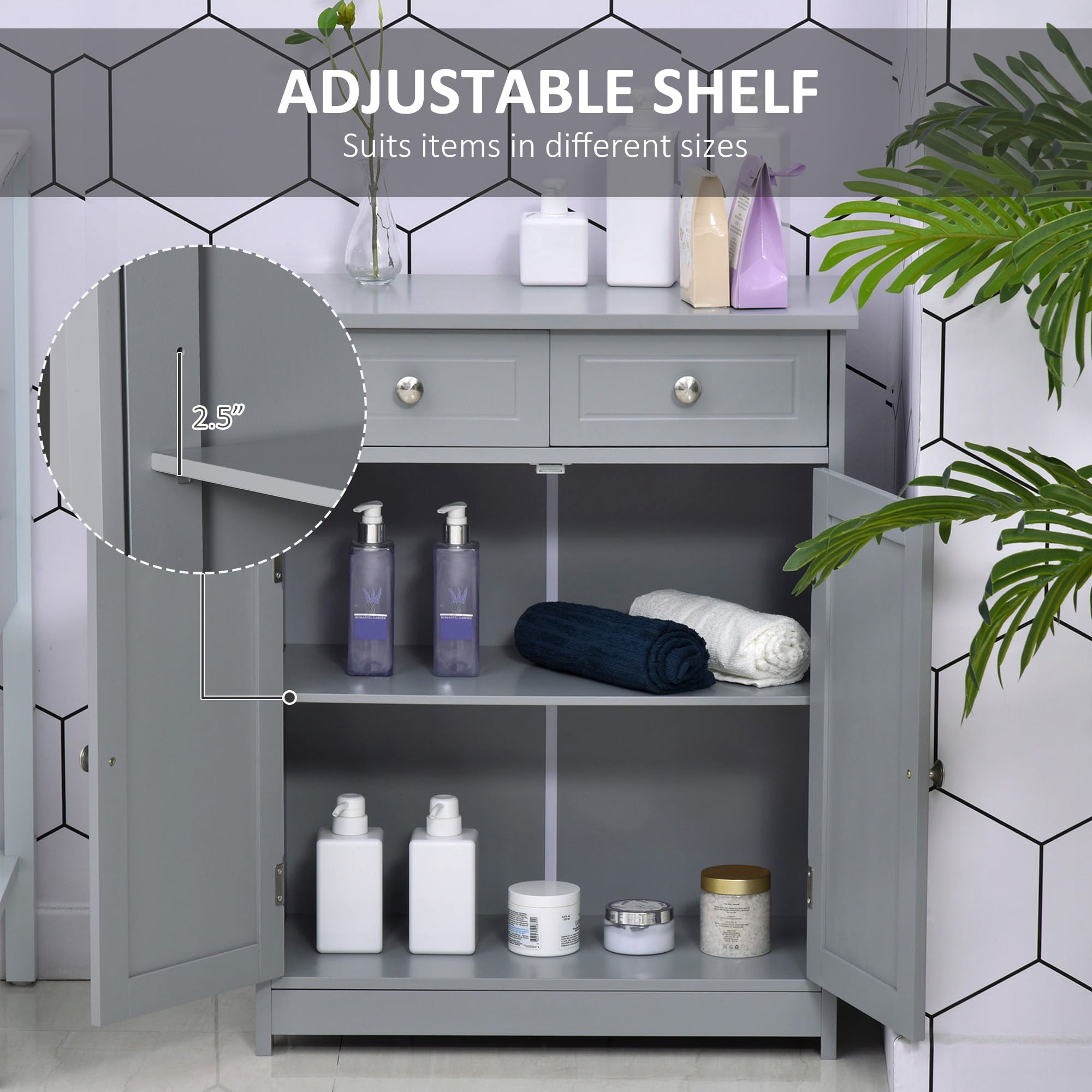 kleankin Freestanding Bathroom Storage Cabinet Organizer Floor Tower with 2 Doors, 2 Drawers and Adjustable Shelf, Grey