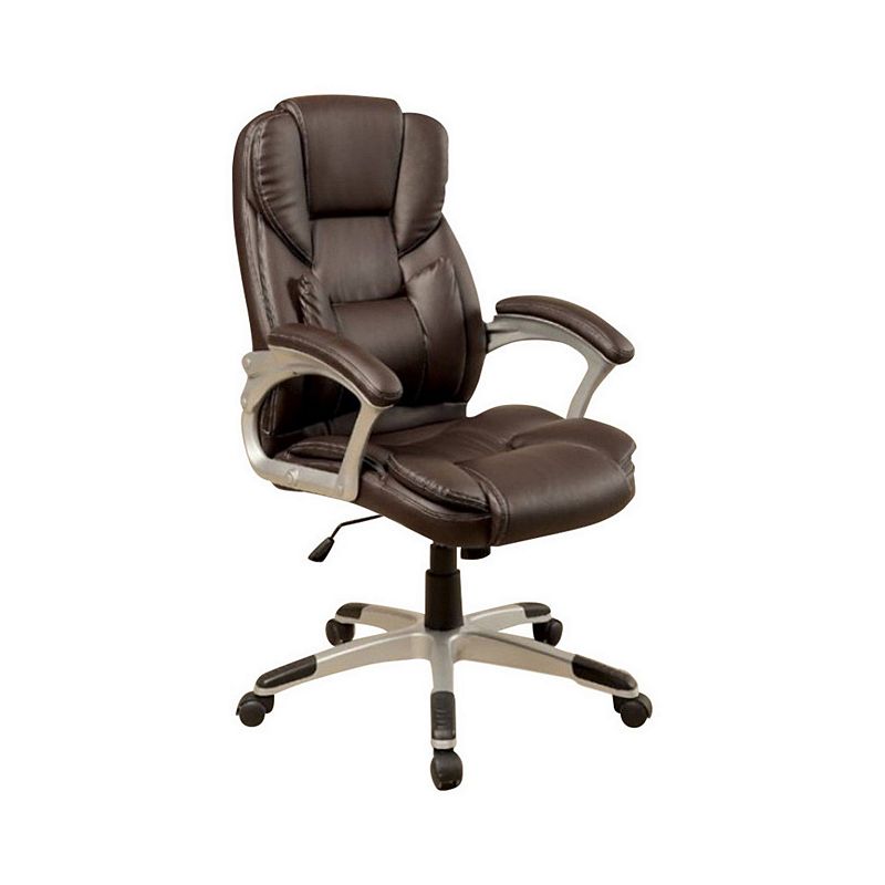 Leatherette Metal Frame Swivel Office Chair with Armrests， Brown