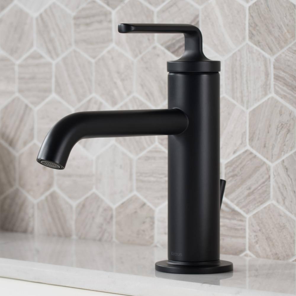 KRAUS Ramus Single Hole Single-Handle Bathroom Faucet with Matching Lift Rod Drain in Matte Black KBF-1221MB