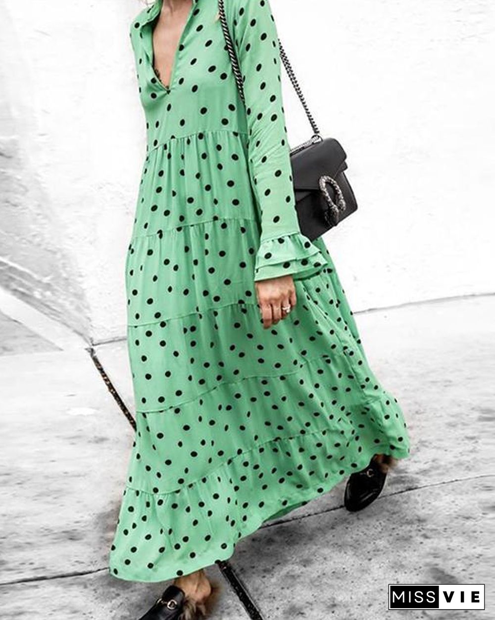 Polka-dot Long Sleeves Maxi Dress