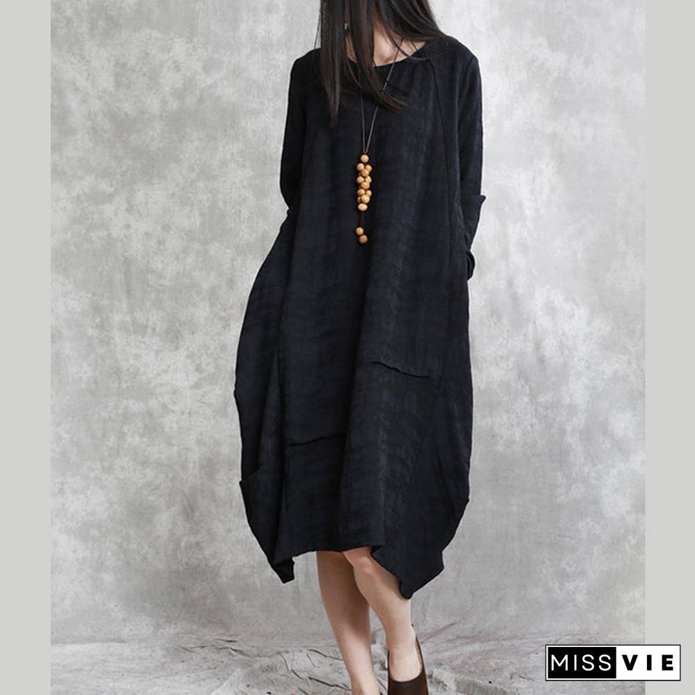 Boutique Black Cotton Linen Caftans Oversized O Neck Asymmetric Traveling Dress Vintage Long Sleeve Baggy Dresses