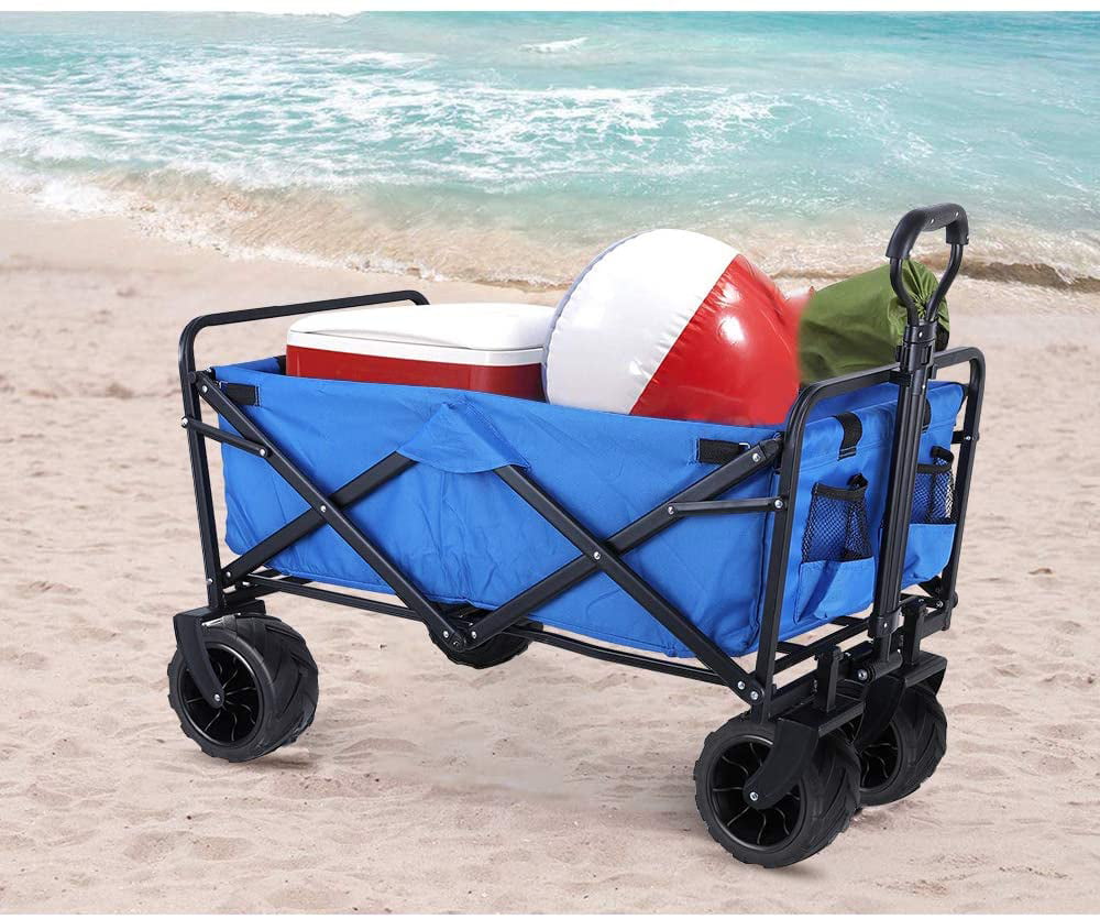 LAZY BUDDY Heavy Duty Beach Cart Collapsible Utility Wagon Garden Cart All Terrain Wheels - Blue