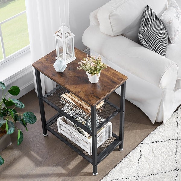 Modern End Side Tables/Nightstands with 2-Tier Metal Mesh Storage Shelf